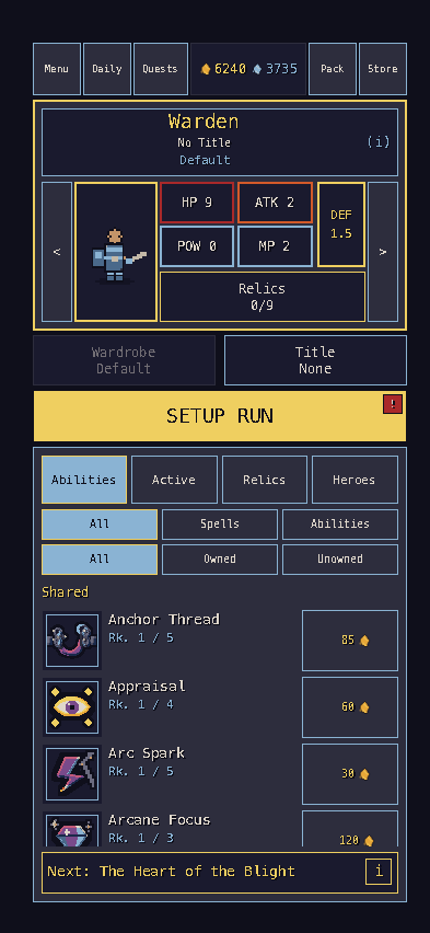 The Warden hub shows hero stats, relic capacity, and ability upgrades