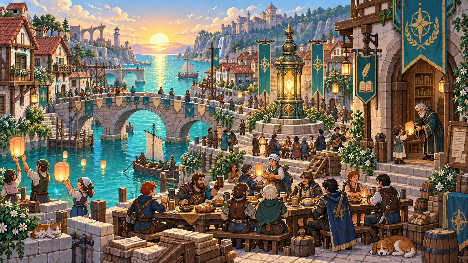 Guildmaster’s Ledger artwork of Veyra at dawn, with a lantern above a bustling canal-side square