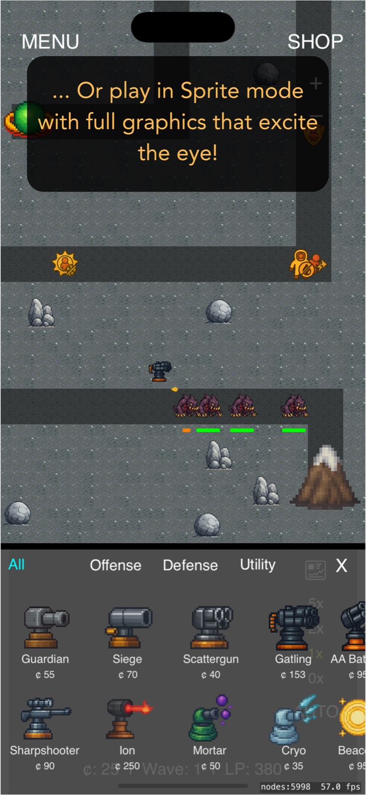 SimpleTD with tower placements, enemies, and the tower shop
